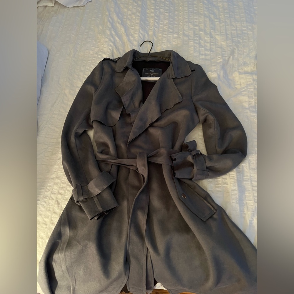 Black Label Gray Trench Coat with Belted Waist and Wide Lapel
